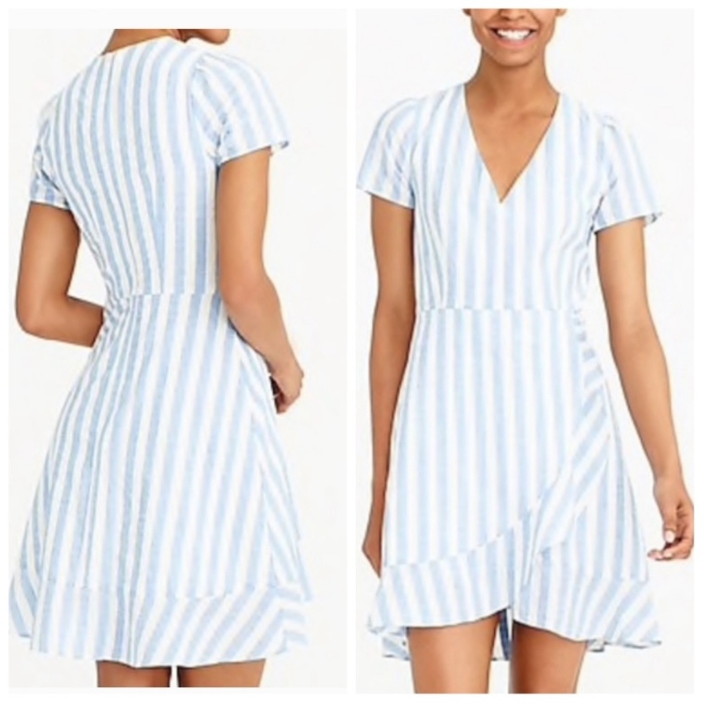 J. CREW Blue & White Striped 100% Cotton Faux Wrap Dress w Short Sleeves Size 0